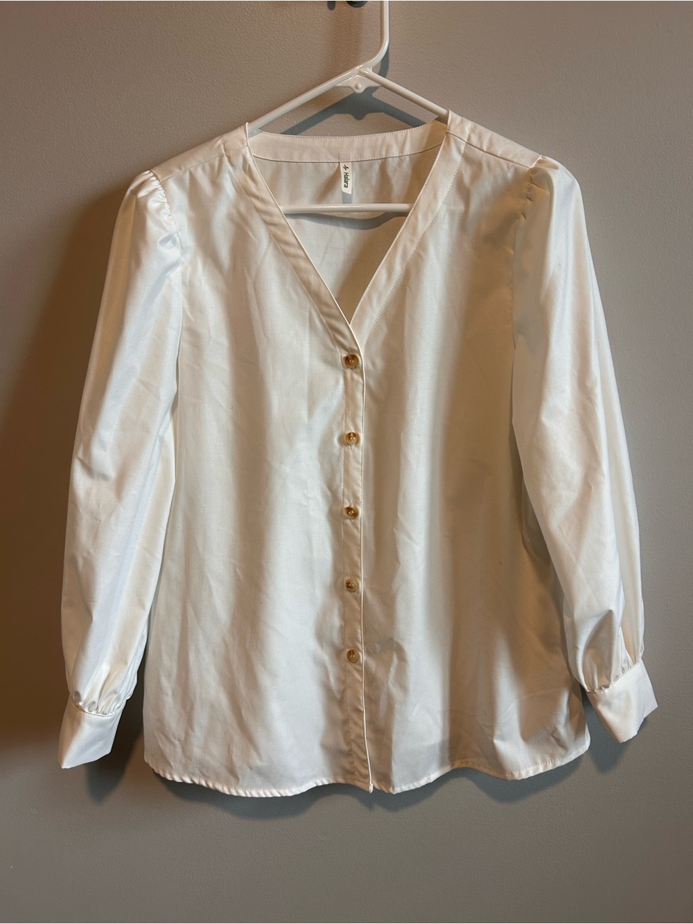 HALARA White V-Neck Button-Down Blouse with Gold Buttons